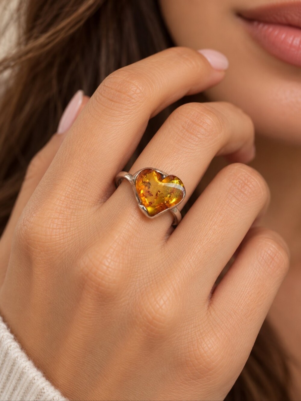 Genuine heart shaped amber ring